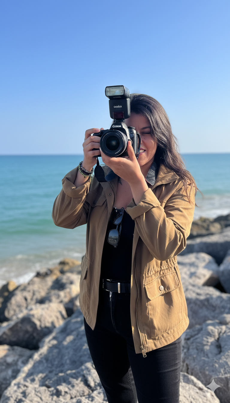 Fotógrafa tomando una foto frente al mar.